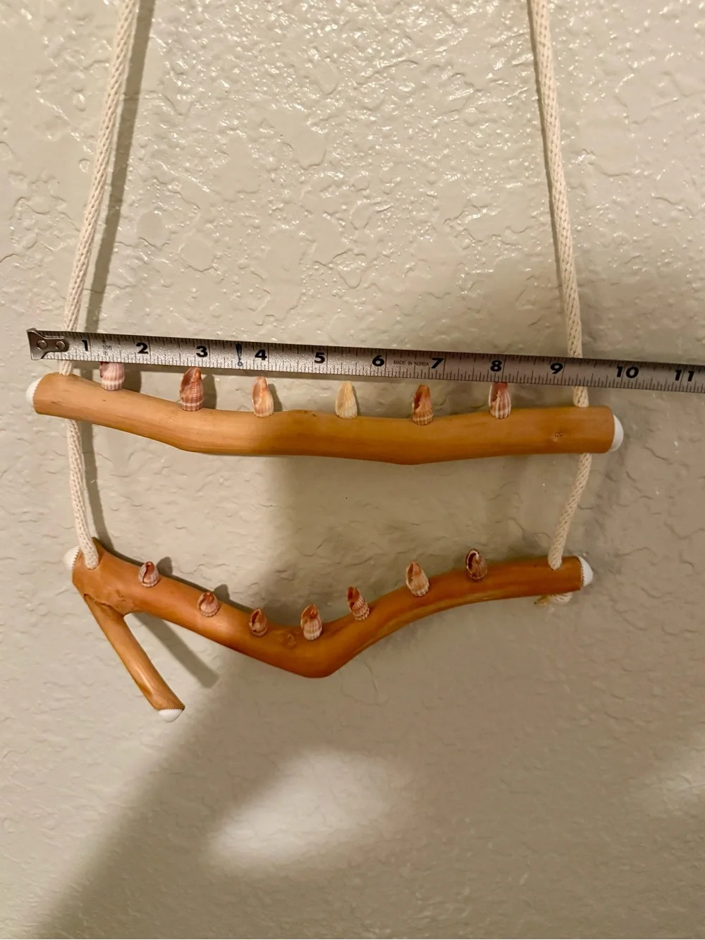 Driftwood And Rope Wall Hanging With Seashell Hooks For Jewelry
